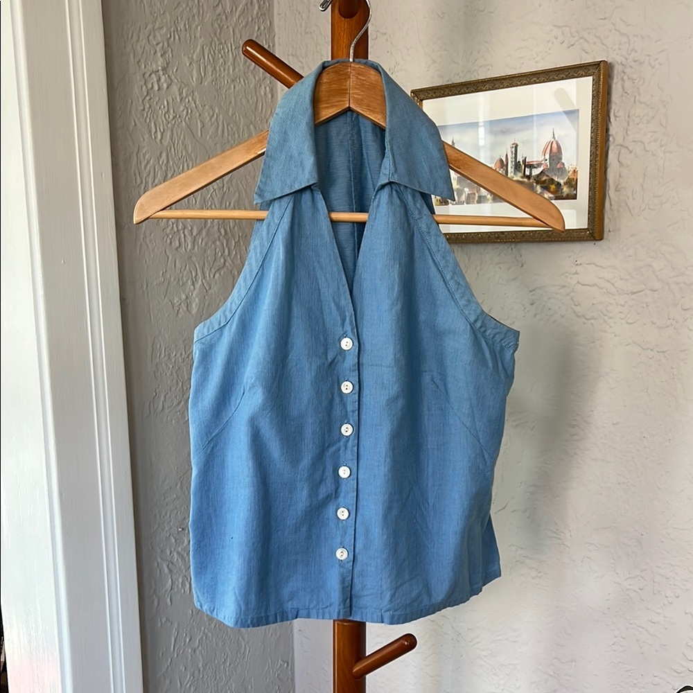 Vintage Banana Republic Blue Sleeveless Button-Up Halter // XS